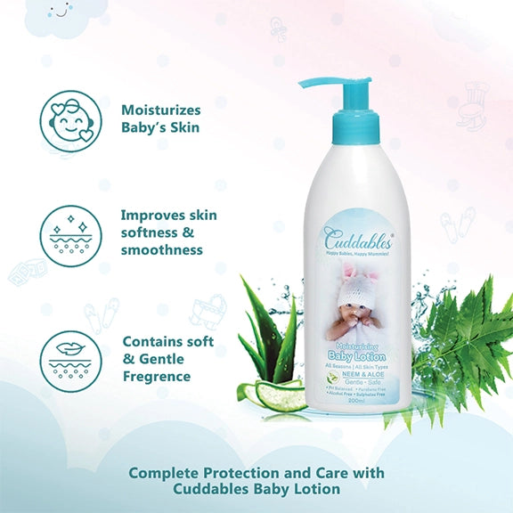 qualities of cuddables baby lotion, moisturizes baby skin | improve skin softness | contain soft & gentle fregrance